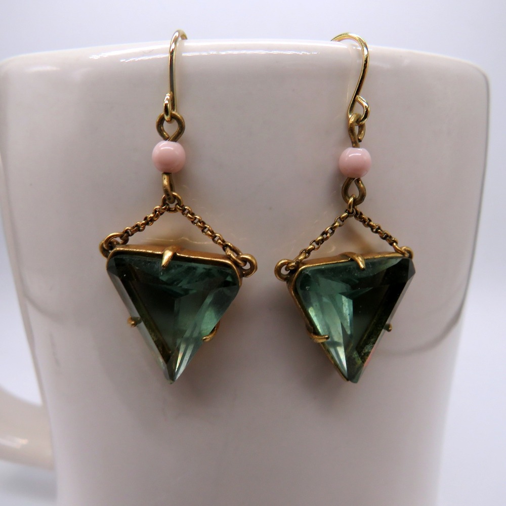 J.Crew Seafoam Green Triangle Crystal Drop Earrings Gold Tone Pink Bead Accent